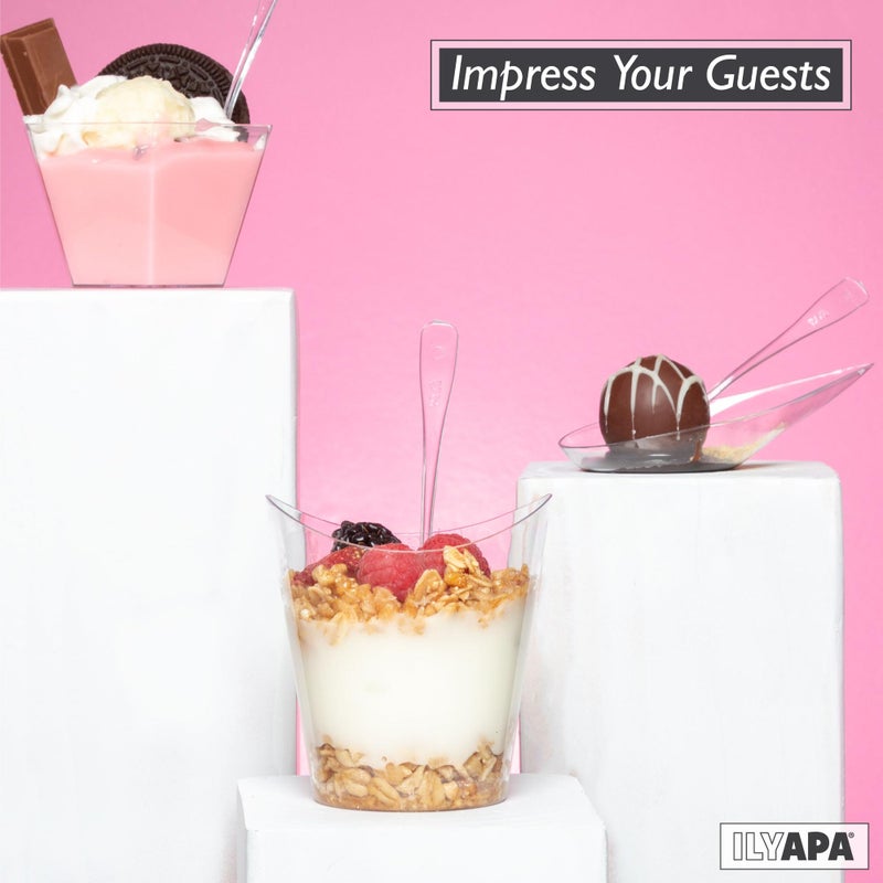 Ilyapa 4oz Plastic Dessert Cups - 100 Pack Mini Dessert Cups with Spoons - Clear Reusable Small Appetizer Cup for Cheesecake Shooters, Chocolate Mousse, Parfait - Party and Catering Supplies - Round - Image 3